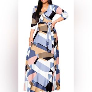 Women's Maxi Floral Print Casual 3/4 Sleeve V-Neck Wrap Tie Waist Long Dress